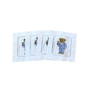 NEW Embroidered Cocktail Napkins Tuxedo Polo Bear Ralph Lauren Style Set of 4